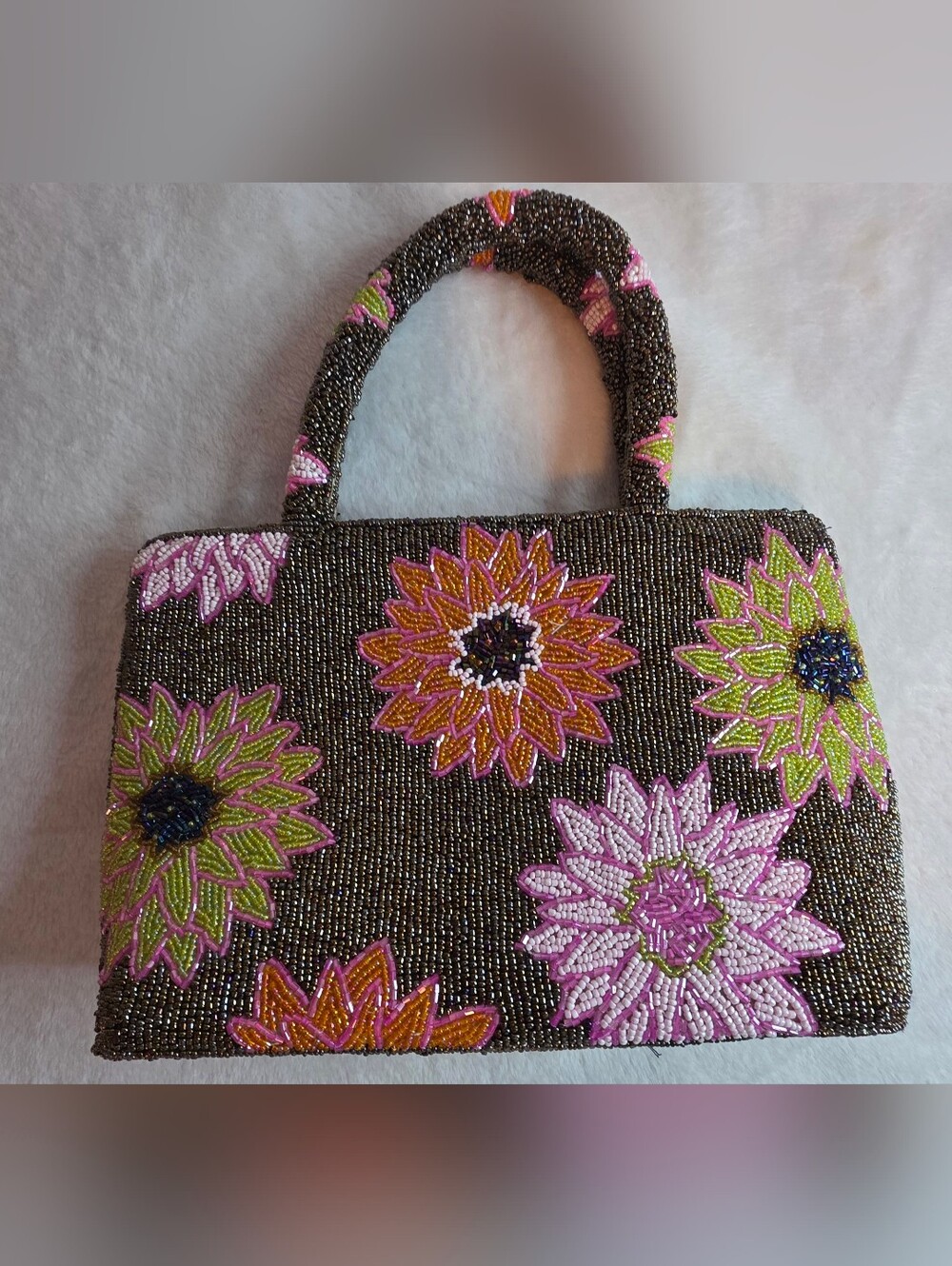 Hand Beaded Floral Handbag Purse Pink Sunflower Design Zip Top